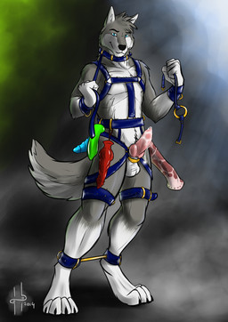 animal_dildo animal_genitalia animal_penis animal_sex_toy anthro balls bdsm_gear black_nose blue_collar blue_eyes blue_harness blue_leash canine_dildo canine_genitalia canine_penis collar dildo equine_dildo erection front_view fur gag genitals grey_body grey_fur grey_tail harness holding_gag knot leash looking_at_viewer male male_anthro mouth_closed o-ring penis pink_penis restraints ring_gag sex_toy simple_background slim_anthro slim_male solo spreader_bar standing tail white_balls white_body white_fur white_tail hufnaar canid canine canis mammal wolf 2014 absurd_res dated hi_res
