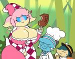 anthro big_breasts breasts cleavage clothed clothing curled_hair female food group hair ham huge_breasts male meat pokemorph pork simple_background slightly_chubby dewbber miitopia nintendo pokemon quote_the_audino tusks_the_dewott audino cyndaquil dewott generation_2_pokemon generation_5_pokemon pokemon_(species) hi_res