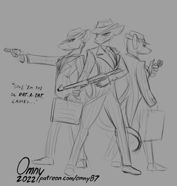 anthro briefcase clothed clothing dialogue dress_shoes fedora female front_view frown fully_clothed group gun half-closed_eyes handgun hat headgear headwear holding_gun holding_lighter holding_object holding_ranged_weapon holding_weapon lighter narrowed_eyes necktie pointing_gun pose ranged_weapon rear_view revolver scar standing submachine_gun suit text thompson_gun trio weapon omny87 mammal murid murine rat rodent 2022 english_text greyscale guide_lines monochrome sketch