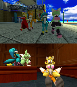 anthro breasts doggystyle female from_behind_position galestar01 group group_sex male male/female nude on_bottom on_top penetration reverse_cowgirl_position sex vaginal vaginal_penetration idw_publishing sega sonic_boom sonic_the_hedgehog_(comics) sonic_the_hedgehog_(idw) sonic_the_hedgehog_(series) kitsunami_the_fennec miles_prower sonar_the_fennec zooey_the_fox 3d_(artwork) digital_media_(artwork) hi_res