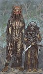 ambiguous_gender armor breasts clothed clothing duo fangs female fishnet_clothing fishnet_topwear genitals holding_object holding_weapon larger_female mandibles mask nipples not_furry pubes pussy size_difference smaller_ambiguous standing teeth topwear weapon mossa predator_(franchise) alien yautja 2025 absurd_res hi_res