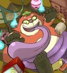 anthro big_tongue bodily_fluids fire humanoid_hands leaf long_tongue looking_at_viewer male multi_tail overweight overweight_anthro overweight_male purple_tongue saliva solo tail tongue tongue_out aqui paqaaqap level-5 yo-kai_watch teastroyer canid canine mammal raccoon_dog tanuki 2015