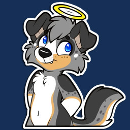 anthro belly blue_eyes floppy_ears folded_ears grey_body grey_spots halo hands_behind_back innocent_expression solo spots tail telegram_sticker white_belly white_spots young young_anthro niu-ka canid canine canis domestic_dog mammal 1:1