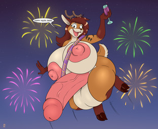 anthro areola balls big_balls big_breasts big_nipples big_penis biped breasts brown_hair dialogue erection fireworks genitals glans gynomorph hair holding_glass holding_object holidays huge_balls huge_breasts huge_nipples huge_penis humanoid_genitalia humanoid_penis hyper hyper_balls hyper_genitalia hyper_penis intersex looking_at_viewer nipples nude open_mouth penis solo speech_bubble text year badgerben happy_nude_deer new_year cam_(typhwife) deer mammal 2022 absurd_res english_text hi_res