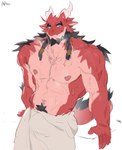 anthro beard biceps black_hair blue_sclera body_hair braided_beard breath chest_hair deltoids dripping_wet eyebrows facial_hair hair happy_trail horn looking_at_viewer male muscular nipples pecs simple_background solo standing tail towel triceps wet arun_six mythology reindom dragon mythological_creature mythological_scalie scalie absurd_res hi_res