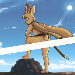 3_toes anthro bat_ears bat_tail big_ears black_nose blue_sky cape censor_bar cheek_tuft clothing day detailed_background eyebrows facial_tuft feet fur green_eyes half-closed_eyes hand_on_hip head_tuft lens_flare logo looking_down male monotone_body narrowed_eyes one_eye_obstructed one_foot_raised outdoor_nudity outside pink_inner_ear rear_view rock scabbard short_tail sky skyscape solo standing step_pose sun tail tan_body tan_cape tan_clothing tan_fur toes tuft white_clouds white_eyebrows jayheartwing turo_of_akesh bat desert_long-eared_bat mammal wingless_bat 1:1 2023 artist_logo censored hi_res shaded signature