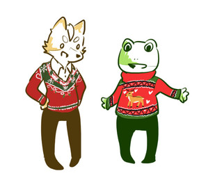 anthro black_nose bottomwear christmas_clothing christmas_sweater christmas_topwear clothed clothing collared_shirt dress_shirt duo fully_clothed fur green_body green_bottomwear green_clothing green_pants green_skin green_sweater green_topwear hands_on_hips heart_symbol holidays male open_mouth orange_body orange_fur pants pattern_clothing pattern_sweater pattern_topwear red_bottomwear red_clothing red_pants red_scarf red_sweater red_topwear scarf shirt smile sweater topwear white_clothing white_dress_shirt white_shirt white_topwear slippy_o'donnell christmas nintendo star_fox fox_mccloud slippy_toad amphibian canid canine deer fox frog mammal new_world_deer reindeer