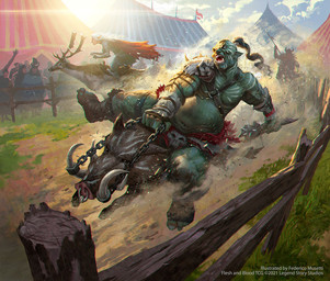 ambiguous_gender antlers armor black_hair brown_body brown_fur cape chain clothing cloud day fence feral fur green_body group hair holding_object horn humanoid_pointy_ears male open_mouth outside pauldron pointy_ears ponytail race riding text tusks white_hair wood wood_fence federico_musetti flesh_and_blood legend_story_studios deer elf humanoid mammal orc suid suine sus_(pig) wild_boar 2021 english_text official_art