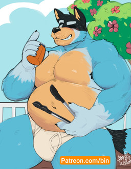 anthro beverage big_muscles big_pecs blue_body blue_fur blue_sclera blue_sky briefs briefs_only clothed clothing fur green_trees holding_beverage holding_object holding_tongs holding_tool male monotone_briefs monotone_clothing monotone_underwear musclegut muscular one_eye_closed open_mouth open_smile outside pecs pink_flowers sky smile solo tan_body tan_fur teeth_showing text tighty_whities tongs tools topless topless_male underwear underwear_only white_briefs white_clothing white_text white_underwear bin_(artist) bluey_(series) patreon bandit_heeler australian_cattle_dog canid canine canis cattledog domestic_dog herding_dog mammal pastoral_dog 2025 absurd_res hi_res