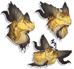 ambiguous_gender eyes_closed facial_horn fangs feral grey_horn horn mouth_closed nose_horn orange_eyes ridged_horn scales simple_background sleeping solo teeth white_background yellow_body yellow_scales khyaber mythology dragon mythological_creature mythological_scalie scalie hi_res multiple_images