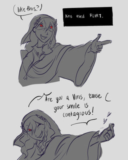 ambiguous_gender braided_hair clothed clothed_human clothing dialogue flirting gameplay_mechanics gesture hair hand_gesture heart_symbol hood not_furry one_eye_closed open_mouth open_smile pointing red_eyes robe smile solo speech_bubble text wink fablivious1 deltarune undertale_(series) kris_dreemurr human mammal 2025 digital_drawing_(artwork) digital_media_(artwork) english_text hi_res sequence spot_color