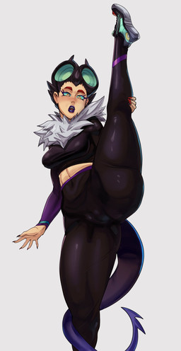 alternate_species animal_tail black_bottomwear black_clothing black_hair black_pants black_topwear blush bottomwear breasts camel_toe clothed clothing colored_nails eyelashes female flexible front_view hair lipstick long_nails makeup nails navel_outline one_leg_up open_mouth pants purple_lipstick purple_tail raised_leg red_nails short_hair solo splits spread_legs spreading standing tail tan_body tan_skin thick_thighs topwear vertical_splits wide_hips yellow_eyes nagainosfw nintendo pokemon generation_6_pokemon humanoid noivern pokemon_(species) pokemon_humanoid tailed_humanoid 2023 hi_res