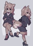 anthro blush bottomwear business_suit clothing crossed_arms female footwear fur grey_body grey_fur half-closed_eyes high_heels narrowed_eyes rear_view shoes simple_background sitting skirt smile smiling_at_viewer smirk smirking_at_viewer smug solo suit yagi_the_goat canid canine canis mammal wolf hi_res