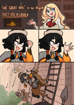 armor arrow_(weapon) black_hair blonde_hair blue_eyes bookshelf bow_(weapon) climbing_ladder clothing dialogue female feral fire fireplace furniture great_wall_of_china group hair ladder plant quadruped ranged_weapon riding saddle text weapon white_clothing centurii-chan_(artist) equid equine horse human mammal character_request comic english_text hi_res