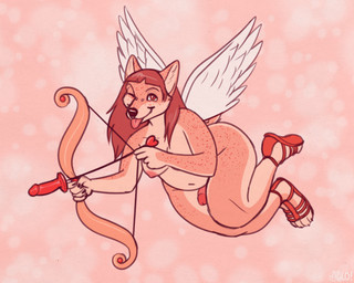 anthro areola blep bow_(weapon) breasts claws clothing cupid's_arrow dildo eyebrows footwear genitals gynomorph humanoid_genitalia humanoid_penis intersex nipples nude one_eye_closed penis piercing ranged_weapon sandals sex_toy shoes smile solo tongue tongue_out weapon wings glopossum beruca_(glopossum) canid canine canis domestic_dog mammal shiba_inu spitz 2024 5:4 trans_(lore) trans_woman_(lore)
