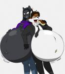 anthro belly big_belly big_breasts breasts clothed clothing duo female food fur hair long_hair male navel open_mouth overweight simple_background smile teeth text tongue white_background americananomaly_(artist) laura_baecker tashkara canid canine domestic_cat felid feline felis fox mammal english_text hi_res