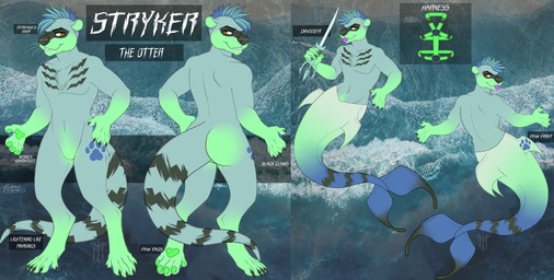 anthro dagger male melee_weapon sea solo split_form text water weapon thehuntingwolf stryker_(motomo21) aquatic fish mammal merfolk mustelid otter absurd_res digital_media_(artwork) english_text full-length_portrait hi_res model_sheet portrait