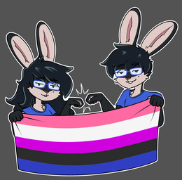 anthro black_body black_fur black_hair blue_clothing blue_eyewear blue_glasses blue_shirt blue_topwear buckteeth clothing duo eyewear female fist_bump flag flag_(object) fur gesture glasses grey_background hair holding_flag holding_object lgbt_pride long_hair looking_at_viewer male pride_colors shirt short_hair simple_background smile teeth topwear transgender_pride_colors kdhynamo kay_(kdhynamo) lagomorph leporid mammal rabbit 2025 digital_media_(artwork) trans_(lore)