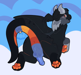 anthro anus black_body blue_penis genitals horn king_(noodlethings) male multicolored_body pawpads penis plushie red_eyes red_pawpads solo wings noodlethings mythology dragon mythological_creature mythological_scalie scalie hi_res