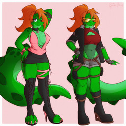 anthro belt biped black_boots black_bottomwear black_clothing black_collar black_footwear black_jacket black_skirt black_topwear blue_eyes boots border bottomwear breasts claws cleavage cleavage_cutout clothed clothing collar countershade_face countershade_scales countershade_torso countershading cutout eyebrows eyelashes eyewear female footwear fully_clothed glasses green_body green_scales hair hand_behind_head hand_on_hip hand_on_own_hip high_heels jacket legwear long_hair navel non-mammal_breasts open_mouth orange_hair pink_background pink_clothing pink_shirt pink_topwear purple_clothing red_clothing red_topwear scales shirt shoes shorts simple_background skirt solo tail thigh_boots thigh_highs toe_claws topwear ventral_scales white_border spider_bones kendra_rivers alligatorid caiman crocodilian reptile scalie 1:1 2025 digital_media_(artwork) hi_res model_sheet shaded