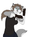 anthro blue_eyes bottomwear breasts brown_hair clothing female fingerless_gloves fur gloves grey_body grey_fur hair handwear multicolored_body multicolored_fur pants ponytail shirt solo topwear two_tone_body two_tone_fur white_body white_fur xxsparcoxx sophia_(xxsparcoxx) canid canine canis mammal wolf 2015 digital_media_(artwork) flat_colors hi_res