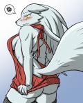 anthro big_tail blush breasts butt clothed clothing embarrassed eyebrows female fur grey_body grey_fur hair legwear long_hair looking_at_viewer partially_clothed red_clothing ribbed_clothing ribbed_sweater scar shy side_boob simple_background solo standing sweater tail thigh_highs topwear virgin_killer_sweater white_background yellow_eyes rakkuguy meme_clothing velvela canid canine canis mammal wolf digital_media_(artwork) meme