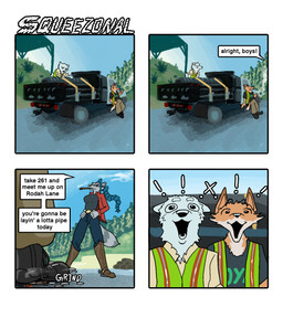 anthro boots breasts clear_sky clothed clothed_anthro clothed_female clothed_male clothing cowboy_boots dialogue double_entendre excited exclamation_point female footwear fully_clothed fully_clothed_anthro fully_clothed_female fully_clothed_male fur grey_body grey_fur group leaning male open_mouth orange_body orange_fur pipe safety_vest shoes sky smoking spurs standing tail text topwear trio truck vehicle vest white_body white_fur working hieronymusjohnson kilo_(hieronymusjohnson) squeez_(hieronymusjohnson) canid canine canis domestic_dog fox mammal nordic_sled_dog samoyed spitz 2026 aliasing binary_drawing comic digital_drawing_(artwork) digital_media_(artwork) english_text hi_res