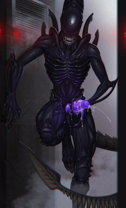 4_fingers black_body bodily_fluids claws cum ejaculation eyeless fingers genital_fluids leaning looking_at_viewer male masturbation saliva solo standing tail teeth b.koal alien_(franchise) alien xenomorph absurd_res hi_res
