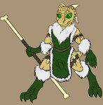 3_toes 4_fingers anthro bone_club clothing coat feathers feet female fingers flat_chested fur green_sclera horn knife_on_arm knife_on_leg parka pupils scales smile solo standing tabard tail toes topwear yellow_body yellow_eyes yellow_scales mca_jabberwocky dnd_homebrew dungeons_and_dragons hasbro wizards_of_the_coast rezzic kobold scalie 2014