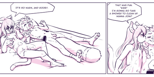 after_orgasm anthro balls bed bodily_fluids border braided_hair cum cum_on_body dialogue dipstick_tail duo eyes_closed eyewear female fluffy fluffy_tail furniture genital_fluids genitals glasses gloves_(marking) hair inner_ear_fluff kissing leg_markings looking_pleasured lying male markings navel nipples nude nude_anthro nude_female nude_male on_back open_mouth penis pillow round_glasses simple_background socks_(marking) speech_bubble tail tail_markings text tuft white_background white_border young young_anthro young_female young_male aogami domestic_cat felid feline felis mammal unknown_species 2023 absurd_res comic english_text hi_res line_art monochrome signature