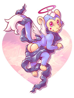 ambiguous_gender anthro blush butt cloth feathered_wings feathers halo heart_symbol simple_background solo wings bitfly angel haplorhine mammal monkey primate 2016
