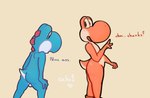 ambiguous_gender anthro backsack balls belly biped bodily_fluids butt compliment confusion duo freckled_face freckles genitals glistening glistening_body glistening_skin leaning looking_back male male/male male_anthro nervous nude outline short_tail simple_background small_butt sweat sweaty_butt tail achi1 mario_bros nintendo blue_yoshi orange_yoshi yoshi hi_res