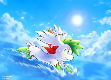 ambiguous_gender feral flying fur glistening glistening_body green_body green_eyes green_fur hair outside running_on_water sky smile solo sun tail water white_body white_fur vermeilbird nintendo pokemon generation_4_pokemon legendary_pokemon pokemon_(species) shaymin sky_forme_shaymin 2012 digital_media_(artwork)