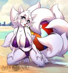 9_tails anthro ball beach beach_ball big_breasts bikini biped black_nose blue_eyes breasts clothed clothing day digitigrade female fluffy fluffy_tail front_view hair huge_breasts inflatable kneeling looking_at_viewer multi_tail nipple_outline outside prehensile_tail short_hair solo swimwear tail tail_hold tongue tongue_out two-piece_swimsuit wet white_body white_hair abluedeer yuki_(yuki_anno) canid canine fox mammal 2023 hi_res