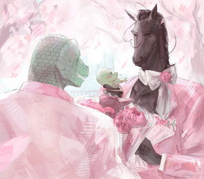 anthro black_hair bouquet brown_body brown_fur cherry_blossom city city_background clothing duo flower flower_bouquet fur green_body green_scales hair holidays male male/male mature_male neck_ribbon pink_clothing pink_suit plant plushie prunus_(flower) scales shirt smile suit topwear white_clothing white_shirt white_topwear stugitti beastars valentine's_day gosha_(beastars) yahya_(beastars) equid equine horse komodo_dragon lizard mammal monitor_lizard reptile scalie 2026 digital_media_(artwork) hi_res