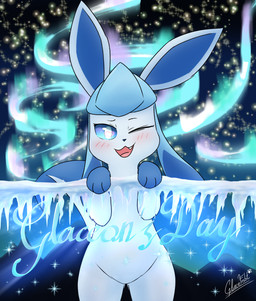 aurora_(phenomenon) blush blush_lines fangs female feral fur ice looking_at_viewer night one_eye_closed open_mouth outside paws sky solo star tail teeth text wink glacefrostbite glaceon_day nintendo pokemon pokemon-specific_day canid eeveelution generation_4_pokemon glaceon mammal pokemon_(species) absurd_res hi_res