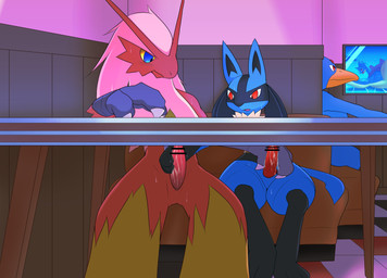 anthro black_body black_fur blue_body blue_eyes blue_fur censor_bar chair detailed_background erection exhibitionism feathers fur furniture genitals group handjob ineffective_censorship male male/male mutual_handjob mutual_masturbation nude penile penis public red_body red_eyes red_feathers sex table under_table yellow_body yellow_fur netiel nintendo pokemon avian blaziken generation_1_pokemon generation_3_pokemon generation_4_pokemon golduck lapras lucario pokemon_(species) censored
