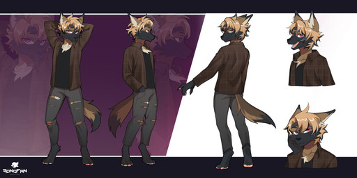 anthro black_body black_fur clothed clothing fluffy fluffy_ears fluffy_hair fluffy_tail fully_clothed fur hair happy male multicolored_body multicolored_ears multicolored_fur multicolored_tail open_mouth simple_background solo standing tail teeth teeth_showing sonofan canid canine fox mammal absurd_res hi_res