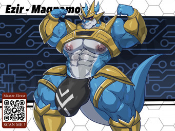 abs anthro areola armor barazoku biceps big_bulge big_muscles big_pecs biped black_clothing black_thong black_underwear blue_body bulge clothing countershade_face countershade_torso countershading detailed_bulge fingers flexing flexing_bicep flexing_both_biceps gauntlets gloves handwear huge_bulge huge_muscles huge_pecs male mask muscular muscular_anthro muscular_arms muscular_male muscular_thighs nipples pecs qr_code solo tail text thick_thighs thong underwear wings masterelrest bandai_namco digimon digimon_(species) magnamon scalie english_text hi_res