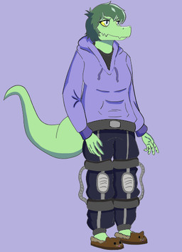 animal_slippers anthro clothing disability eyelashes female fingers footwear freckles green_body green_hair green_scales grey_eyes hair hoodie long_tail paraplegic plantigrade purple_background scales shoes short_hair simple_background slippers snout solo tail topwear yellow_sclera unknown_artist cavemanon_studios i_wani_hug_that_gator olivia_halford baryonyx dinosaur prehistoric_species reptile scalie spinosaurid theropod 2023 digital_drawing_(artwork) digital_media_(artwork)