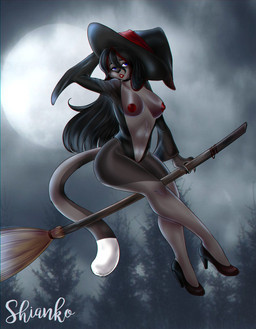 4_fingers anthro areola bangs bent_arm biped black_claws black_clothing black_footwear black_hair black_hat black_headwear black_high_heels black_nose black_topwear blue_eyes breasts broom broom_riding claws cleaning_tool clothing cloud cloudy_sky dipstick_tail female female_anthro fingers footwear forest fur grey_body grey_fur grey_tail hair hand_behind_head hat headgear headwear high_heels highlights_(coloring) light lips long_hair long_tail markings medium_breasts moon multicolored_body multicolored_fur multicolored_hair outside plant pose red_areola red_highlights red_lips shoes sky smile solo tail tail_markings teeth topwear tree two_tone_body two_tone_fur two_tone_hair two_tone_tail white_sclera white_tail_tip witch_hat shianko domestic_cat felid feline felis mammal 2018 colored digital_drawing_(artwork) digital_media_(artwork) english_description full-length_portrait hi_res lighting pinup portrait shaded