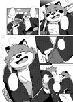 2016 anthro blush bottomwear canid canine clothing comic duo eyes_closed hand_holding hinami kemono male mammal masaya_tamazaki monochrome ore_no_kareshi overweight overweight_male pants raccoon_dog ryuto_okami sample shirt tanuki topwear