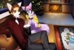 anthro christmas_tree clothed clothing duo eyewear fangs female food glasses holidays inside male open_mouth plant sitting smile teeth tongue tree rekuuhh christmas canid canine felid fox mammal