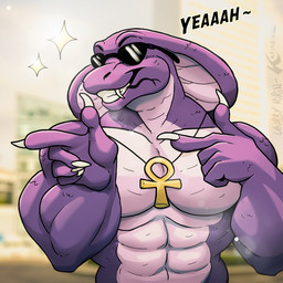 ankh anthro apode big_muscles eyewear fangs finger_gun gesture grin hand_gesture legless male muscular muscular_male purple_body serpentine smile snake_hood solo sunglasses teeth chubby-kirin kardukk yahnastiss draconcopode naga 1:1 hi_res