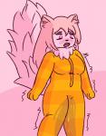 anthro blush bodily_fluids breasts clothed clothing female fur genital_fluids hair long_hair neck_tuft open_mouth pajamas peeing pink_background pink_body pink_fur pink_hair shaking simple_background solo standing teeth tuft urine watersports wetting tinycatmom felid mammal 2015 digital_media_(artwork)