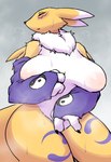 anthro areola big_breasts black_sclera blue_eyes blush breasts female fur nipples nude simple_background solo white_body white_fur yellow_body tokumori_kaisen bandai_namco digimon canid canine digimon_(species) mammal renamon hi_res