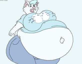 anthro belly big_belly big_breasts blue_eyes bottomwear breasts clothing fangs female fur hair huge_belly huge_breasts hyper hyper_belly hyper_pregnancy navel nipple_outline obese obese_anthro obese_female open_mouth outie_navel overweight overweight_anthro overweight_female pants pregnant pregnant_anthro pregnant_female shirt solo teal_hair teeth thick_thighs topwear white_body white_fur virus-20 mittens_(virus-20) domestic_cat felid feline felis mammal 2023 digital_media_(artwork)