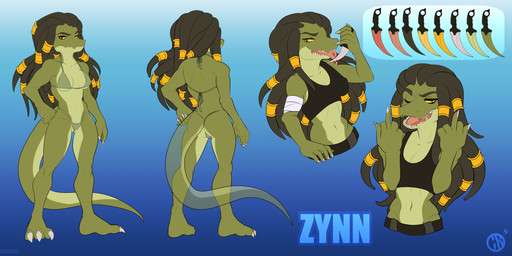 3_toes anthro bikini blue_background breasts clothing dreadlocks feet female holding_object holding_weapon midriff navel non-mammal_breasts open_mouth simple_background solo swimwear teeth toes tongue two-piece_swimsuit weapon wide_hips yellow_eyes charmrage alligator alligatorid crocodilian reptile scalie hi_res model_sheet