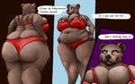 anthro big_breasts big_butt bra breasts butt cleavage cleavage_overflow clothed clothing clothing_pull describing_fit female huge_breasts huge_butt mirror obese overweight panties solo text tight_clothing underwear underwear_only weight_gain analog_raccoon bear brown_bear mammal ursine 16:10 english_text widescreen