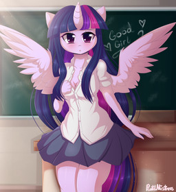 anthro blush bottomwear breasts chalkboard cleavage clothed clothing desk feathered_wings feathers female furniture hair heart_symbol horn information_board inside light light_beam looking_at_viewer multicolored_hair open_mouth pink_hair purple_body purple_eyes purple_hair royalty school school_uniform shirt skirt solo sunbeam sunlight table text topwear uniform wings pastelmistress friendship_is_magic hasbro my_little_pony mythology twilight_sparkle_(mlp) equid equine mammal mythological_creature mythological_equine winged_unicorn